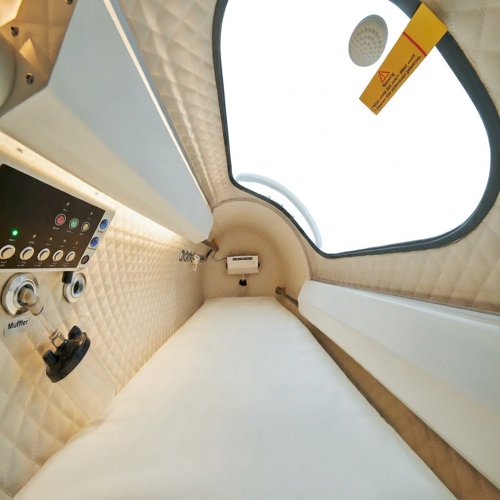 Interior length of the hyperbaric chamber showing the padded mattress, control panel, and curved viewing window